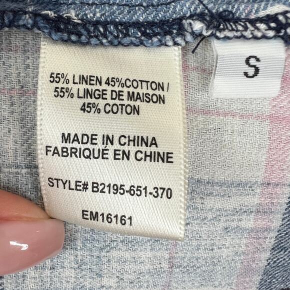 BELLA BAHL Blue/Pink Plaid Linen-Cotton Flannel Button-Up Shirt Top Cowgirl S - Picture 8 of 9